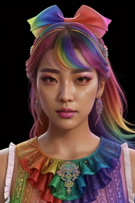 (rainbow theme:1.3), professional detailed (full body) photo of (beautiful Korean princess) wearing (intricate rainbow princess dress, multilayered dress:1.2), (shiny glossy translucent clothing, gleaming oily fabric :1.1), (perfect face, beautiful face, s...