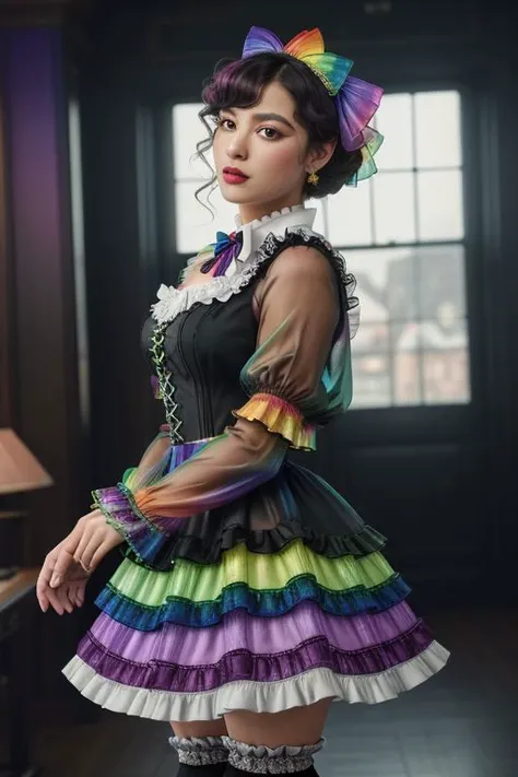 (rainbow theme, lolitafashion:1.3), masterpiece, best quality, professional detailed (medium shot) photo of (beautiful adult woman) wearing (intricate rainbow lolitadress, multilayered dress:1.2), (shiny glossy translucent clothing, gleaming oily fabric :1...