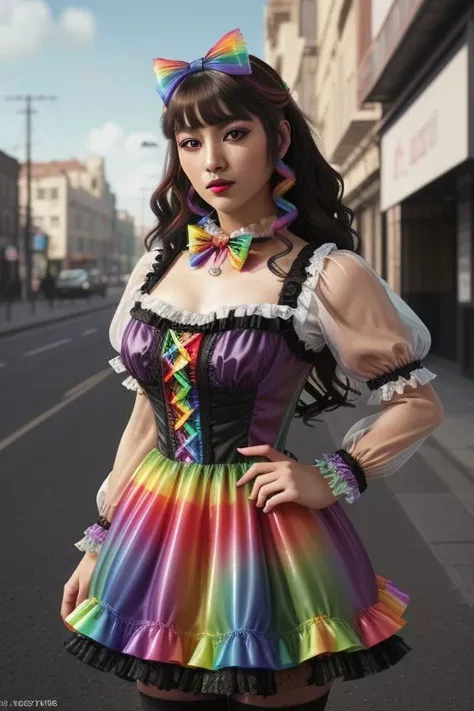 (rainbow theme, lolitafashion:1.3), masterpiece, best quality, professional detailed (medium shot) photo of (beautiful adult woman) wearing (intricate rainbow lolitadress, multilayered dress:1.2), (shiny glossy translucent clothing, gleaming oily fabric :1...