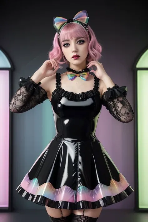 (glossy pastel goth lolitafashion:1.3), masterpiece, best quality, professional detailed (medium shot) photo of (beautiful adult woman) wearing (glossy latex intricate rainbow lolitadress:1.2), (shiny glossy translucent clothing, gleaming oily latex fabric...