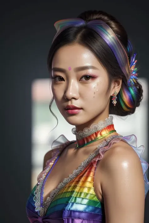 (rainbow theme:1.3), professional detailed (medium shot) photo of (beautiful Korean princess) wearing (intricate rainbow princess dress, multilayered dress:1.2), (shiny glossy translucent clothing, gleaming oily fabric :1.1), (perfect face, beautiful face,...