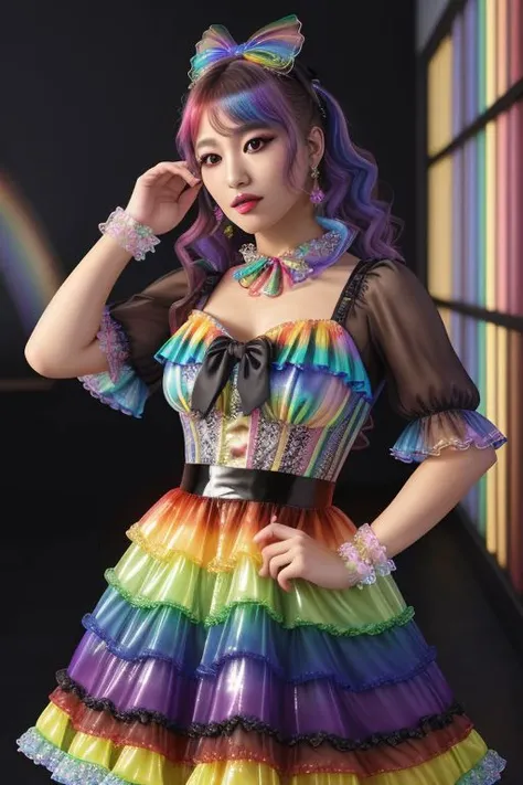 (rainbow theme, lolitafashion:1.3), masterpiece, best quality, professional detailed (medium shot) photo of (beautiful gyaru woman) wearing (intricate rainbow lolitadress, multilayered dress:1.2), (shiny glossy translucent clothing, gleaming oily fabric :1...