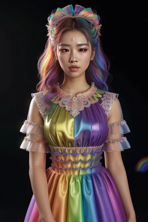 (rainbow theme:1.3), professional detailed (medium shot) photo of (beautiful Korean princess) wearing (intricate rainbow princess dress, multilayered dress:1.2), (shiny glossy translucent clothing, gleaming oily fabric :1.1), (perfect face, beautiful face,...