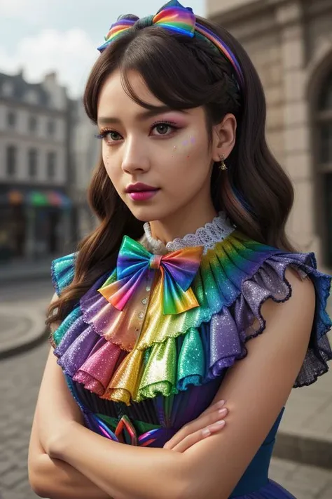 (rainbow theme, lolitafashion:1.3), masterpiece, best quality, professional detailed (medium shot) photo of (beautiful rainbow woman) wearing (intricate rainbow lolitadress, multilayered dress:1.2), (shiny glossy translucent clothing, gleaming oily fabric ...