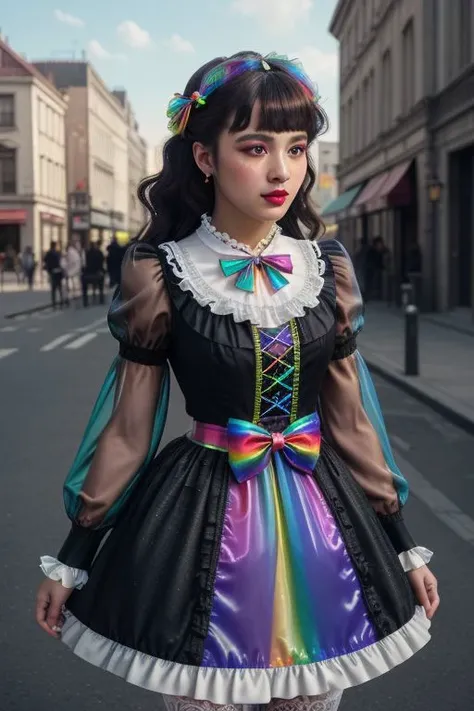 (lolitafashion:1.3), masterpiece, best quality, professional detailed (medium shot) photo of (beautiful adult woman) wearing (intricate rainbow lolitadress:1.2), (shiny glossy translucent clothing, gleaming oily fabric :1.1), (perfect face, beautiful face,...