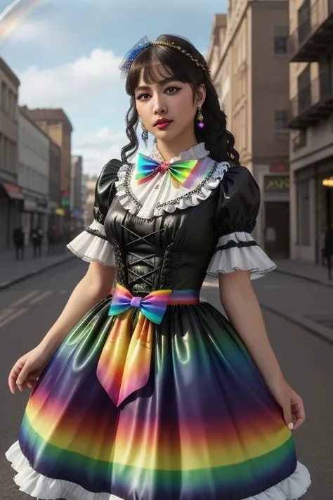 (rainbow theme, lolitafashion:1.3), masterpiece, best quality, professional detailed (medium shot) photo of (beautiful adult woman) wearing (intricate rainbow lolitadress, multilayered dress:1.2), (shiny glossy translucent clothing, gleaming oily fabric :1...