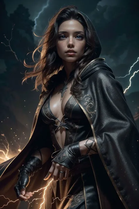 a woman in a black leather outfit holding a sword and lightning