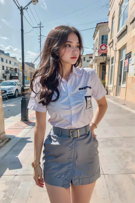 realistic details, detailed, (((1 girl, cute, delicate, beautiful, slender, petite, medium breast, sma_uniform, schoolgirl uniform, high school uniform, white shirt, grey skirt, walking, outdoor, perspective))), (ulzzang-6500-v1.1:0.66),  <lora:A_SMA_Unifo...