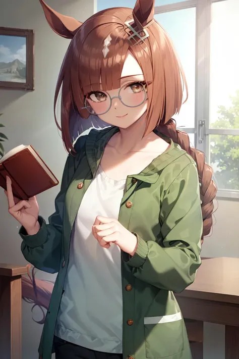 masterpiece, best quality, 
ikuno dictus (umamusume), 
holding book, open book, smile, collarbone, 
round eyewear, white shirt, long sleeves, green jacket, open clothes, 
<lora:ikuno_dictus_loha:0.7>