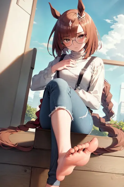 masterpiece, best quality, 
ikuno dictus (umamusume), 
foot focus, sitting, barefoot, from below, crossed legs,
round eyewear, long sleeves, turtleneck shirt, white shirt, ribbed shirt, suspenders, shirt stuck in pants, blue pants, jeans, denim 
<lora:ikun...