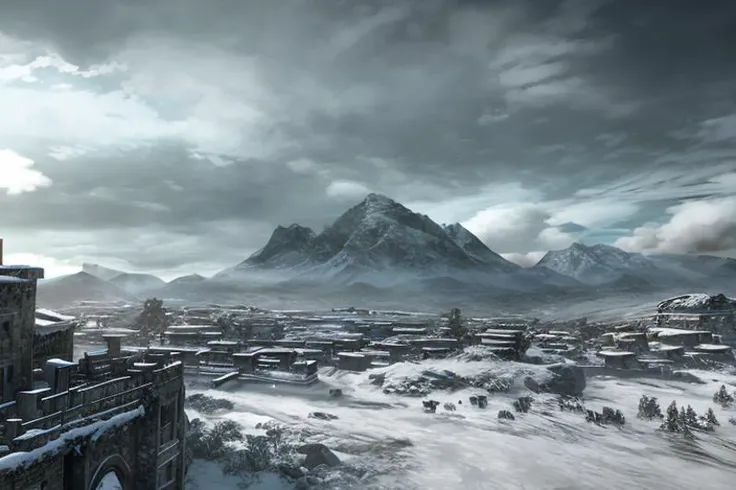 mountain top in the snow with a sky background and a mountain range in the distance, style_tombraider