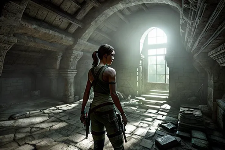 lara croft in a cave, style_tombraider