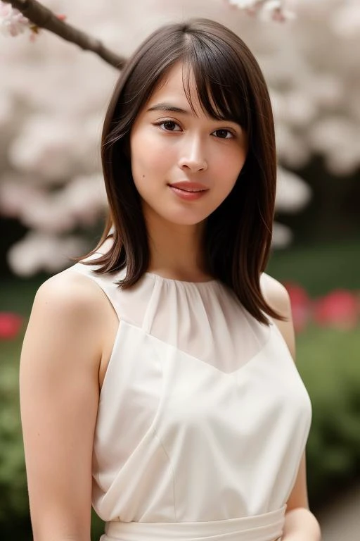 a woman in a white dress standing in front of a tree