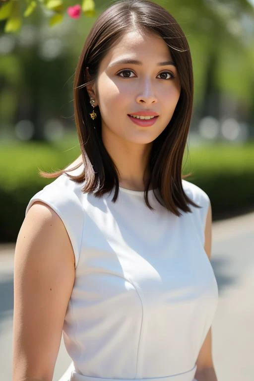 a woman in a white dress standing in front of a tree