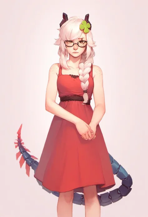 zPDXL, score_9, score_8_up, score_7_up, score_6_up, score_5_up, score_4_up, BREAK <lora:Saruei_for_PonyXL:0.8>  saruei, solo, dress, white hair, glasses, mechanical tail, braid, bangs, horns, scar over eye, hybrid <lora:4chan_vivianjames_ponyXL:0.8>, vivia...