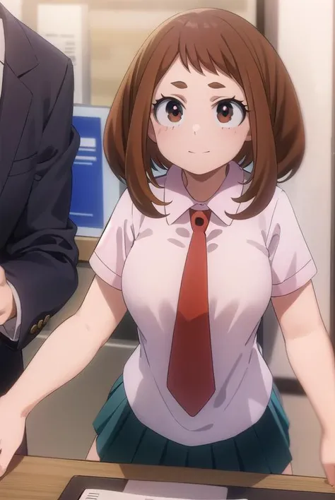 ochakouraraka, <lora:ochako uraraka s3-lora-nochekaiser:1>,
ochako uraraka, (uraraka ochako:1.5), (brown eyes:1.5), brown hair, short hair, blush, blush stickers, smile,
BREAK skirt, shirt, school uniform, white shirt, short sleeves, pleated skirt, necktie...