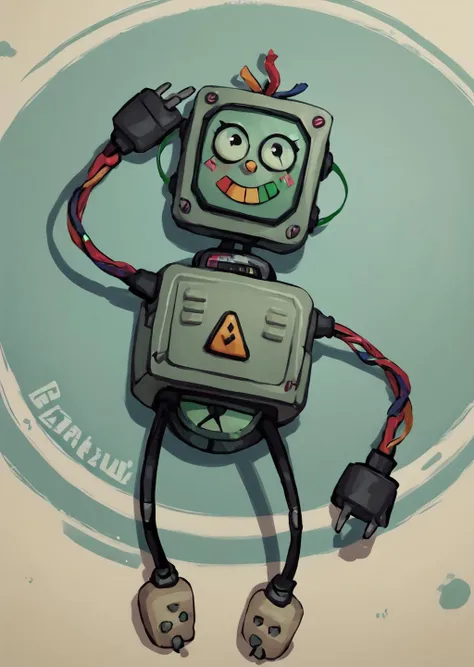 cartoon robot with a face and arms and legs holding a power cord