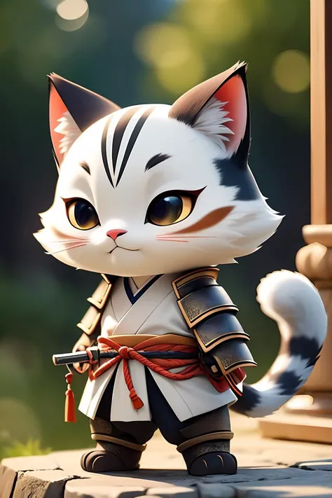 chibi, An ancient anthropomorphic cat samurai using an ancient samurai armor, photography, beautiful, bokeh temple background, colorful, masterpieces, top quality, best quality, official art, beautiful and aesthetic, realistic