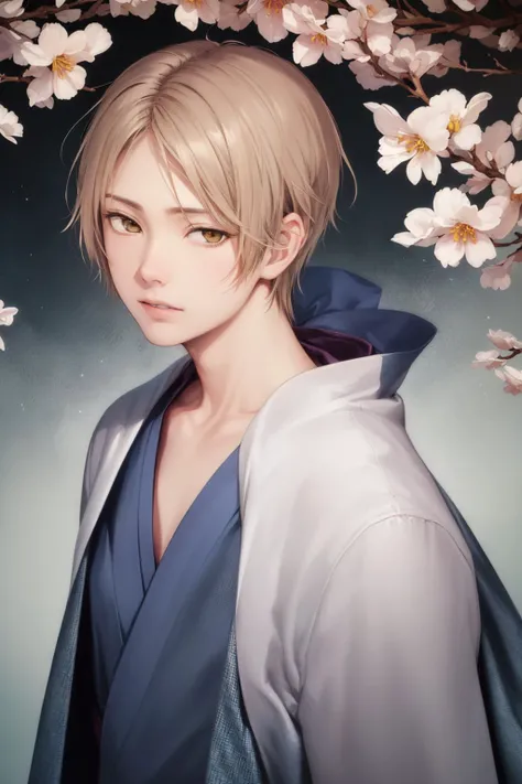 (masterpiece, best quality:1.2), <lyco:natsumebof_natsume-09:1.0>, solo, male focus, 1boy, natsume takashi, expressionless, looking at viewer, seiza, brown eyes, japanese clothes, kimono, flower