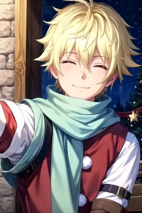 masterpiece, best quality, game cg, 1boy, solo, male focus, looking at viewer, , , <lora:ryce_100-man:0.74>, ryce_100-man, blonde hair, closed eyes, christmas costume, ,