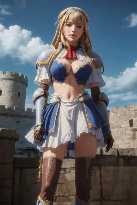 (day), a castle with a clock tower and a gate in front of it with a sky background and clouds in the background,
Standing at attention,
armor, gauntlets, wearing a blue outfit ,a red scarf with a bow around her neck, (Deep_cleavage), boots,greaves,thighhig...