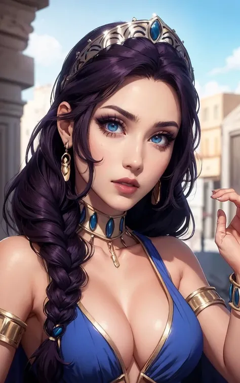 Dress_BloodOfZeus_Hera_ownwaifu,
1girl,single braid, hair over shoulder, breasts,very long hair, anklet, purple hair, blue eyes, lipstick, makeup, medium breasts, red lips, collarbone, bangs, lips, jewelry, earrings, bracelet, armlet,  tiara, colored skin,...