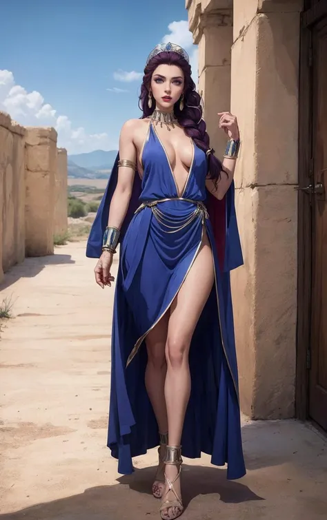 a woman in a blue dress and a purple cape is posing