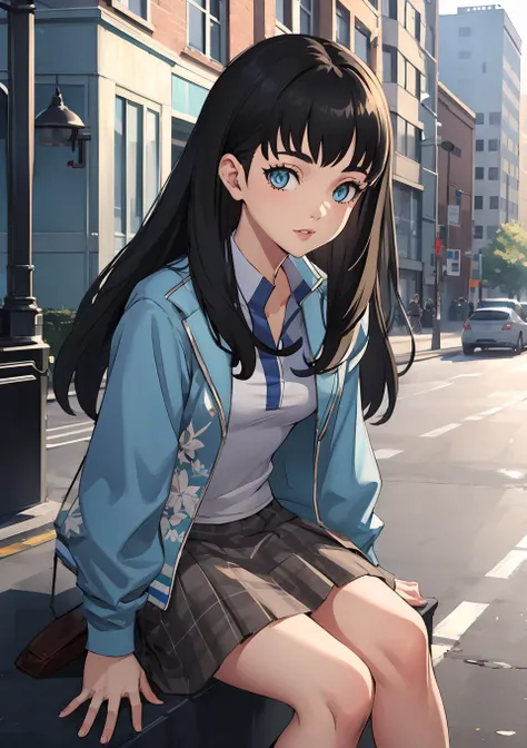 1girl, solo, upper body, detailed background, outdoors, long hair, black hair, jacket, shirt, plaid skirt, blue eyes, socks, shoes, looking at viewer <lora:zs_Tao:1> taosmt