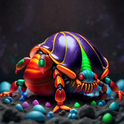 Hermit Crab, horror, colorful, nightmare, neon, masterpiece, 8k, high resolution, shallow depth of field, sharp focus