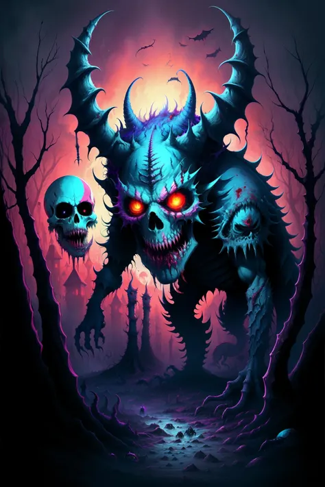Colorful, mulitcolored, psychedelic, neon, glowing, monstrous horrors, nightmarish creatures, undead abominations, cursed beings, monsters and nightmares, grotesque abominations, cursed and monstrous, terrors incarnate, infernal beasts, bloodthirsty monstr...