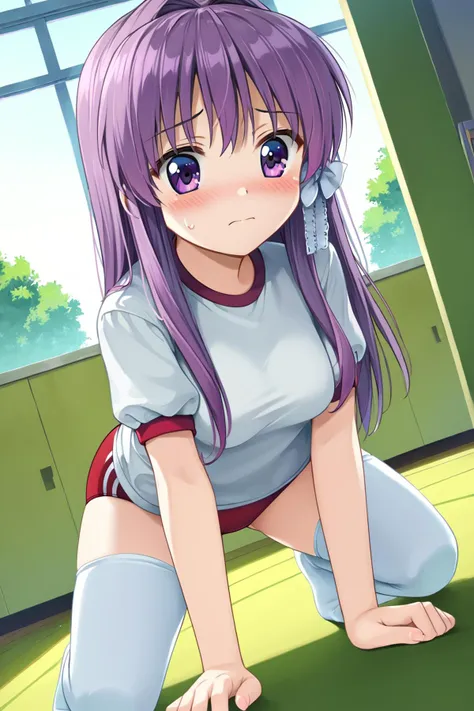 anime girl with purple hair and purple eyes crouching down