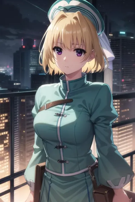 lyricalshamal, <lora:shamal movie2-lora-nochekaiser:1>,
shamal, short hair, blonde hair, (purple eyes:1.1),
BREAK long sleeves, hat, green dress, puffy sleeves, skirt, green skirt, crop top,
BREAK outdoors, city, night, sky, clouds, star (sky),
BREAK looki...