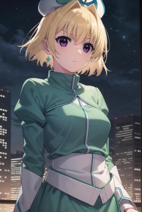 lyricalshamal, <lora:shamal movie2-lora-nochekaiser:1>,
shamal, short hair, blonde hair, (purple eyes:1.1),
BREAK long sleeves, hat, green dress, puffy sleeves, skirt, green skirt, crop top,
BREAK outdoors, city, night, sky, clouds, star (sky),
BREAK looki...