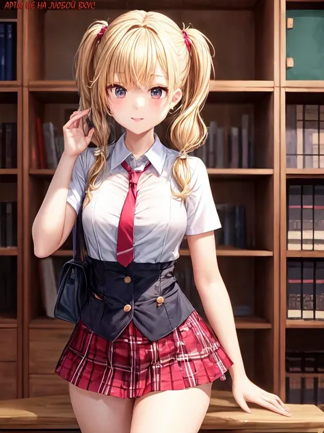 ((best quality)), ((masterpiece)),
Hairstyle: Pigtails
Hair Color: Blonde
Hair length: Short
Clothing(comma tags): Schoolgirl uniform (skirt, blouse, tie)
nipslip
 <lora:add_detail:1.2> 
<lora:GoodHands-vanilla:0.8>