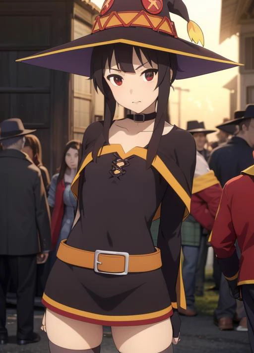 <lora:meguminV3:0.7> megumin, kono subarashii sekai ni shukufuku wo!, 1girl, solo, standing, looking at viewer, hat, witch hat, brown hair, short hair with long locks, red eyes, blush, evil grin, black choker, collarbone, flat chest, off-shoulder dress, dr...