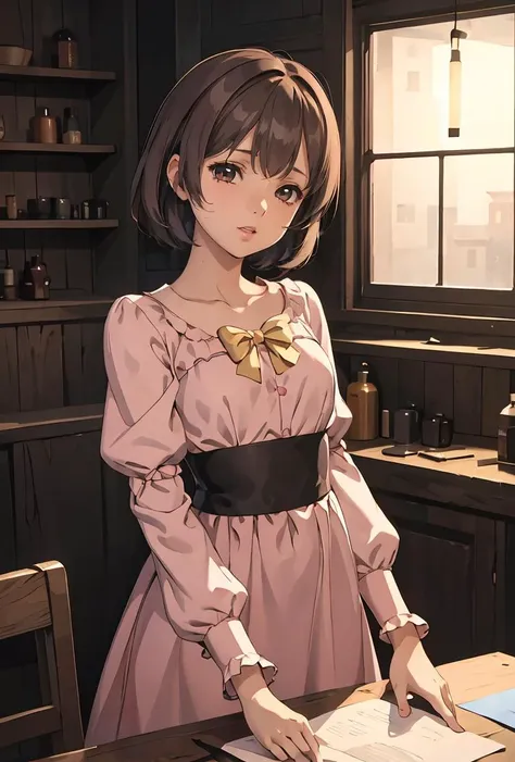 anime girl in a pink dress standing in a kitchen with a book