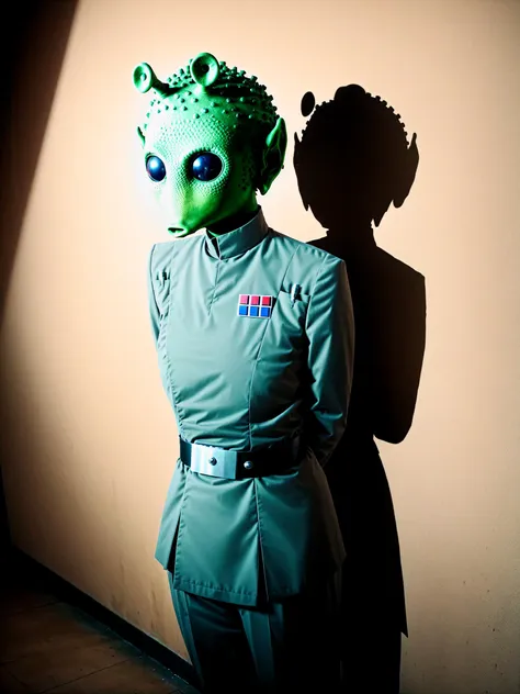 alien woman in a green costume standing next to a wall