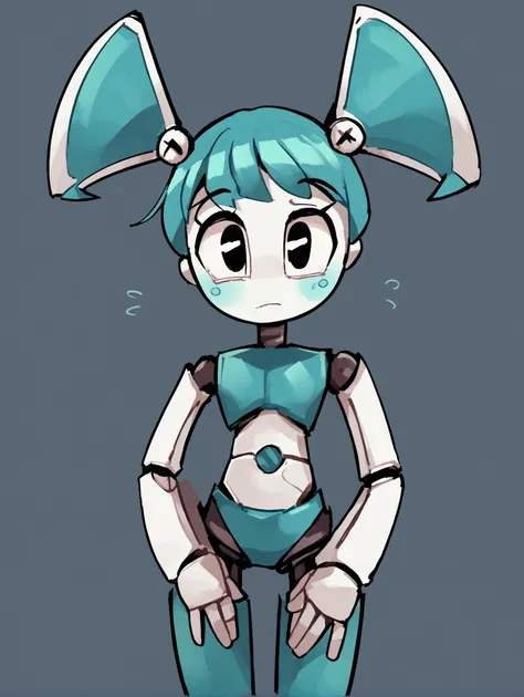 a drawing of a cartoon character with blue hair and a big head