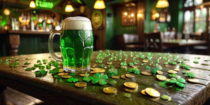 (crystal hump of green beer, waterdrops:0.6, foam:0.8), wooden table, rustic irish pub, (cloverleafs:0.7), golden coins,  green lighting, depth of field, highly detailed, 8K,  <lora:ral-cltc:0.8>