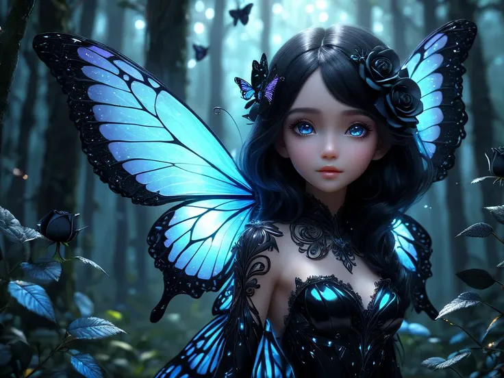 ((a bioluminescent little dark fairy circling a black rose)), (black rose), (cute), mystical magical primeval forest, (pointed ears:0.75), (full body), (black hair), (long hair), ((detailed butterfly wings:1.5)), high detailed background, depth of field, p...