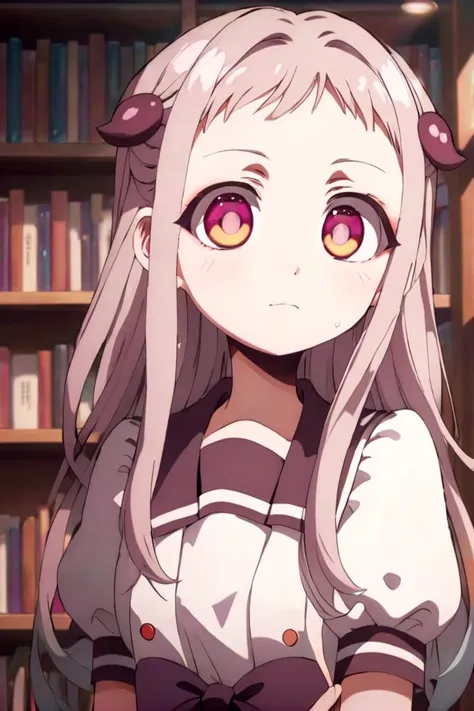 anime girl with long hair and purple eyes standing in front of bookshelves