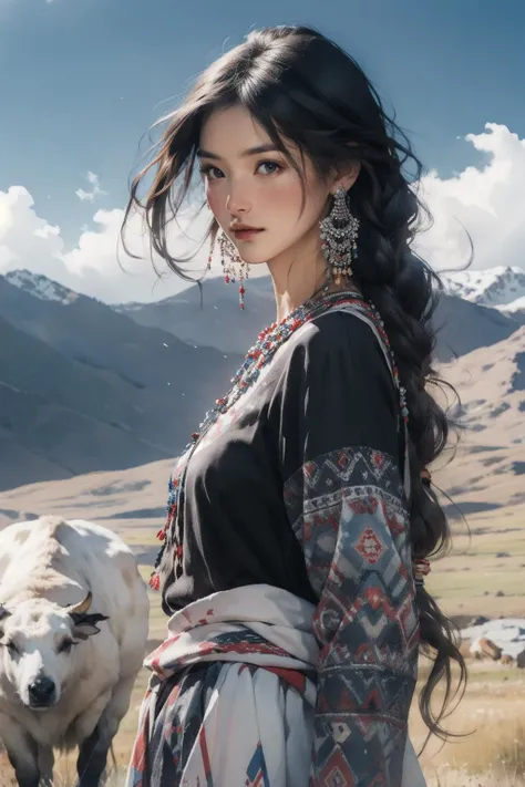 <lora:Tibetan_v1:0.9>, blue sky, outdoors, cowboy shot, looking at viewer, masterpiece, best quality, 1girl, realistic, photography,