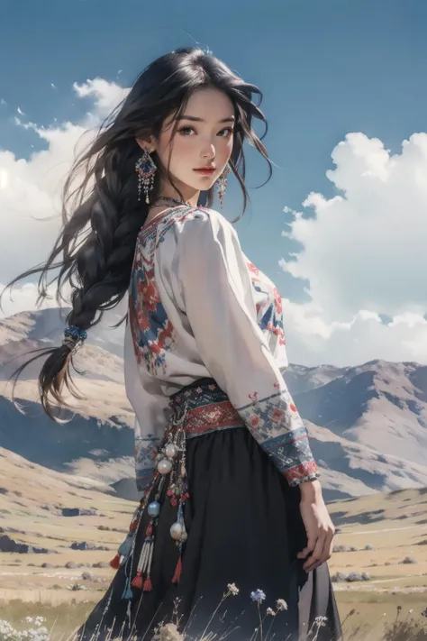 <lora:Tibetan_v1:0.9>, blue sky, outdoors, cowboy shot, looking at viewer, masterpiece, best quality, 1girl,