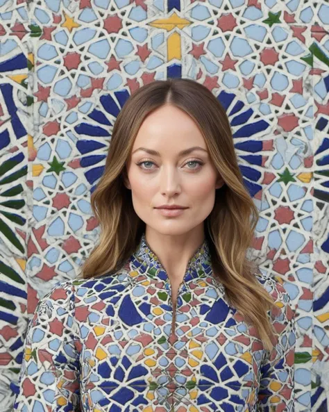 Extraordinary Olivia Wilde as Swiss [Tech|Arcane] Mage, she is wearing a Moroccan mosaic, The Moroccan mosaic is tailored by Wes Gordon, <lora:Zellij.safetensors:1> zlj-xl, colorful geometric pattern