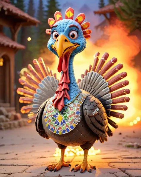 by Alan Davis, Friendly turkey, Smoky Conditions, Bokeh, Hopeful, Indirect light, cartoony, made of zellij, <lora:Zellij:.75> zlj-xl