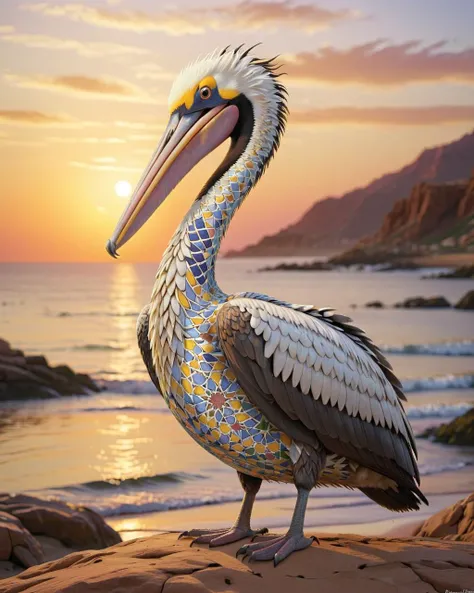 made of Moroccan mosaic print, concept art, Natural Pelican of Nature, hyper detailed, at Sunrise, ultrafine detailed, Embarrassing, Aetherpunk, side lit, 50mm, Colorful, <lora:Zellij:1> zlj-xl