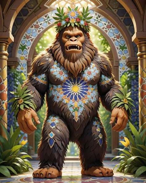 made of Moroccan mosaic print, concept art, Glittering Sasquatch with Wreath accessories, from inside of a Auckland, unreal engine, <lora:Zellij:1> zlj-xl