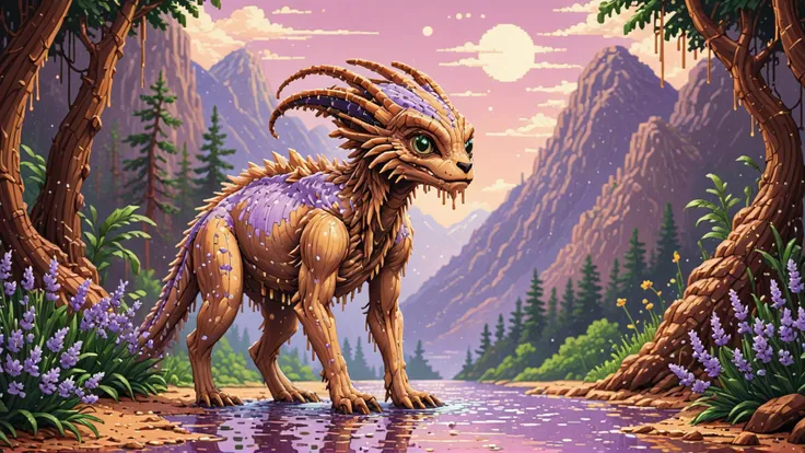 a painting of a dragon standing in a forest by a river