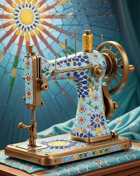 made of Moroccan mosaic print, concept art, (Cyan theme:0.7) , Characteristic Sewing machine, Stormy weather, deep focus, Sun Rays, flawless and glamourous, glittering, masterpiece, <lora:Zellij:1> zlj-xl