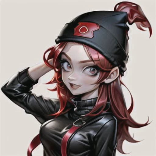 a woman with red hair wearing a black jacket and a hat